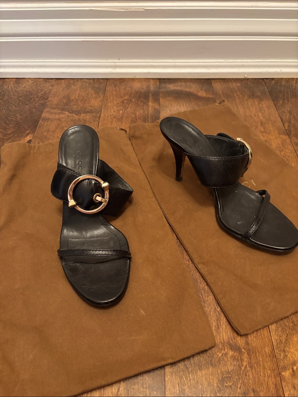 Black Leather Women's High Heel Slide Sandals with Gold Buckle